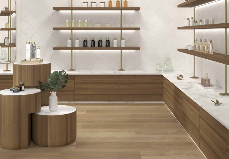 A modern bathroom with shelves and shelves.